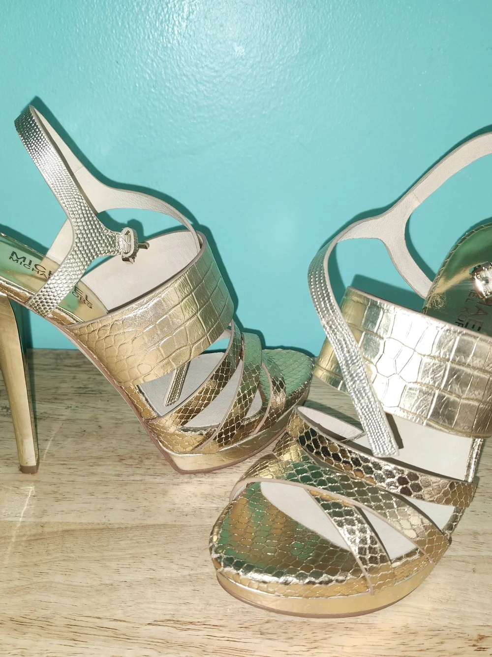 Michael Kors Gold Croc-Embossed Platform Sandals with Strappy Detail